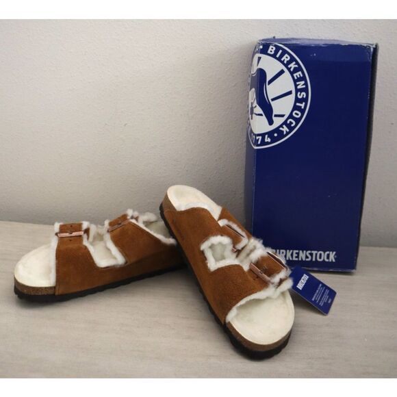 Birkenstock Women's 10 Men's 8 Mink Brown Arizona Shearling Suede Sandals - Picture 1 of 16
